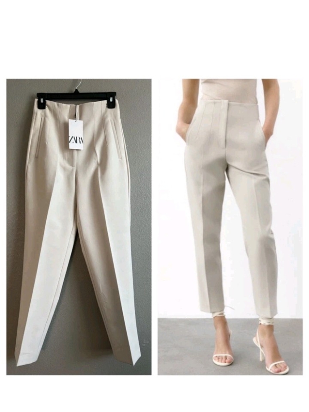 Zara Light Cream High-Waist Tailored Tapered Trousers Size M